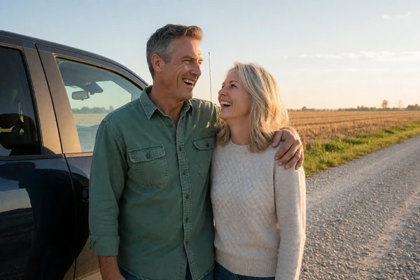 Happy couple in their forties beside a pickup truck on a Texas farm road