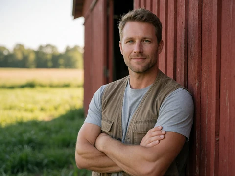 Man farmer standing near a red barn on his Iowa crop farm