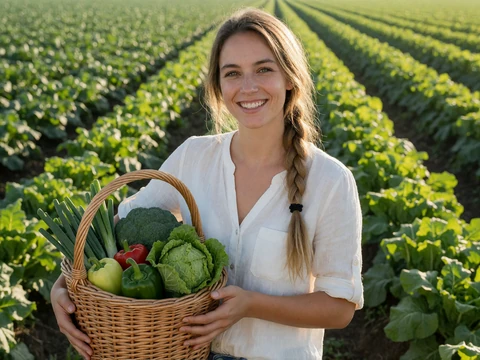 Woman farmer holding a basket of fresh vegetables in a green field