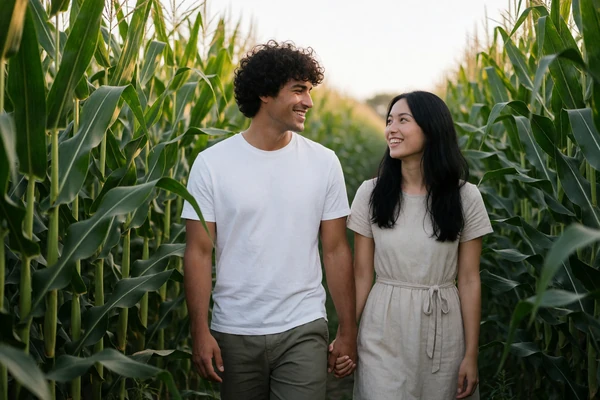 Couple in their thirties walking hand in hand through a cornfield in Iowa