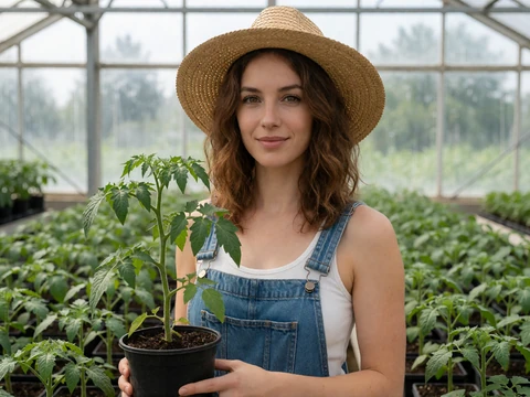 Woman farmer in overalls and sun hat holding a plant in a greenhouse