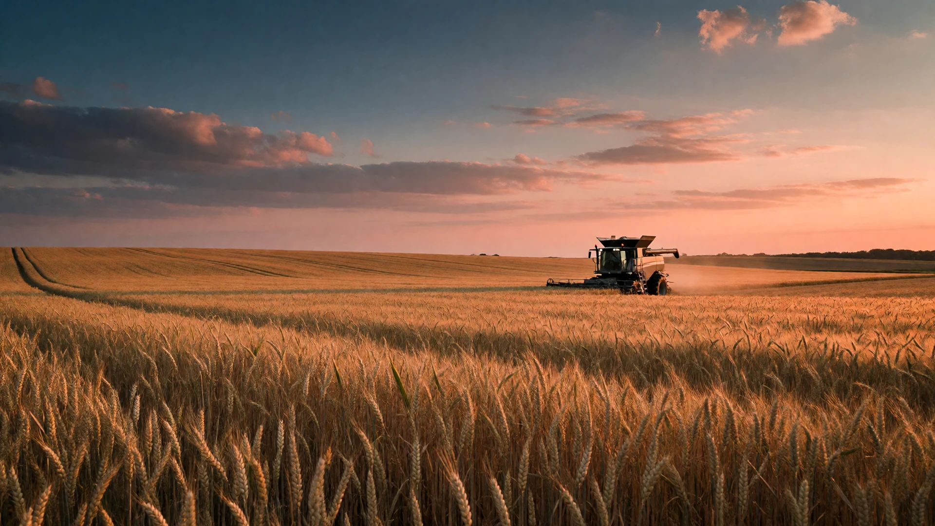 Golden wheat field at dusk with a combine tractor working on the horizon